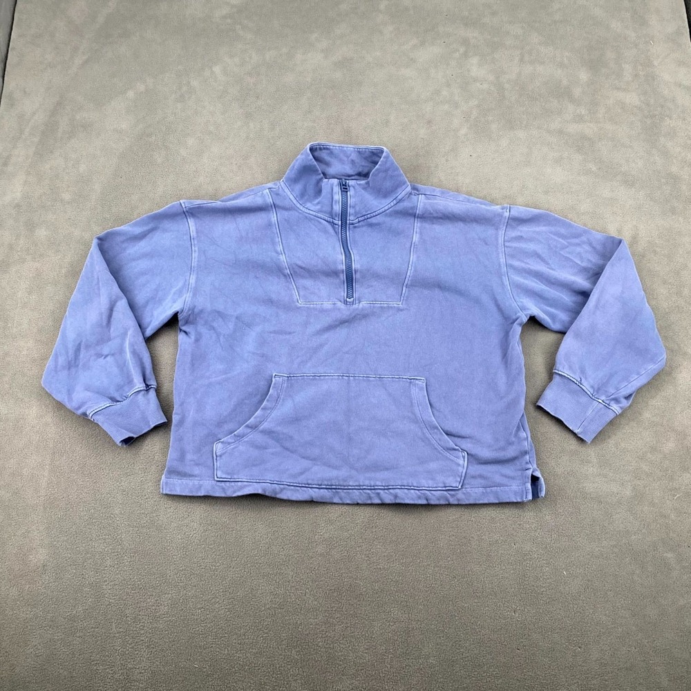 Old Navy Cropped Sweatshirt Womens Medium Blue Mock Neck Side Slit‎ Quarter Zip